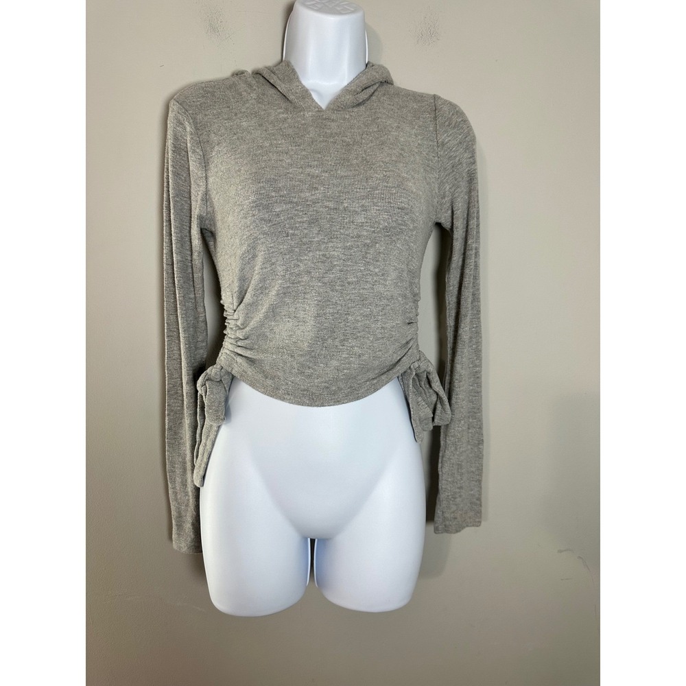 NIA THE Label Knit Ruched Drawstring Hoodie Cropped Gray Women's Size‎ S